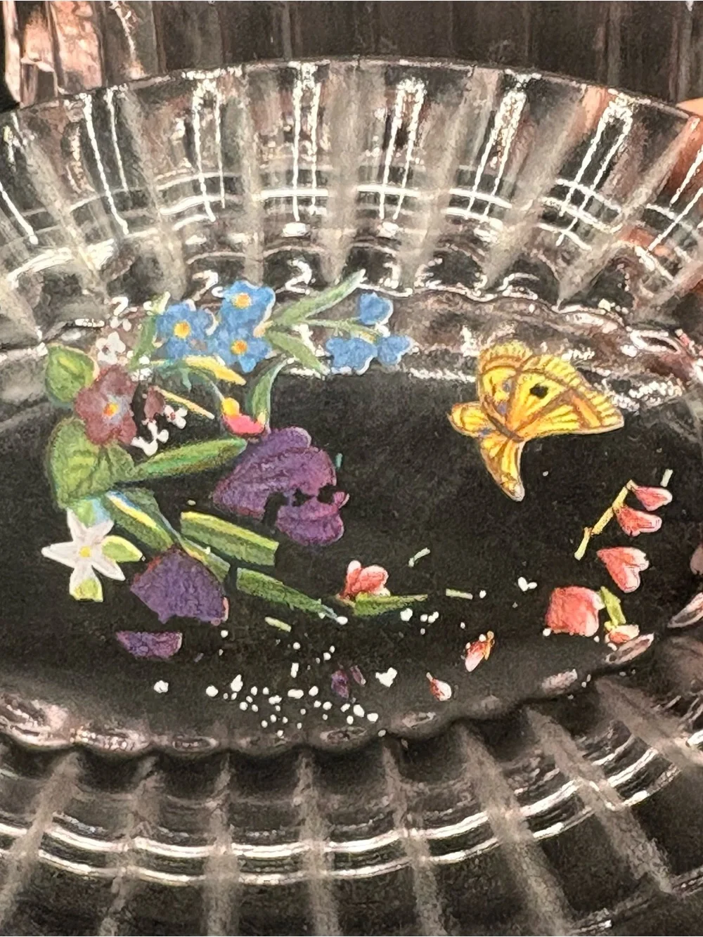 1988 Fenton Pink Glass Floral Butterfly Trinket Box